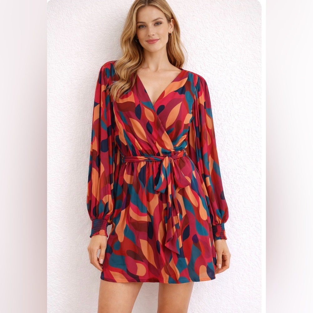 Flying Tomato Multicolor Abstract Midi Dress Puff Sleeve Smocked TieWaist Size M